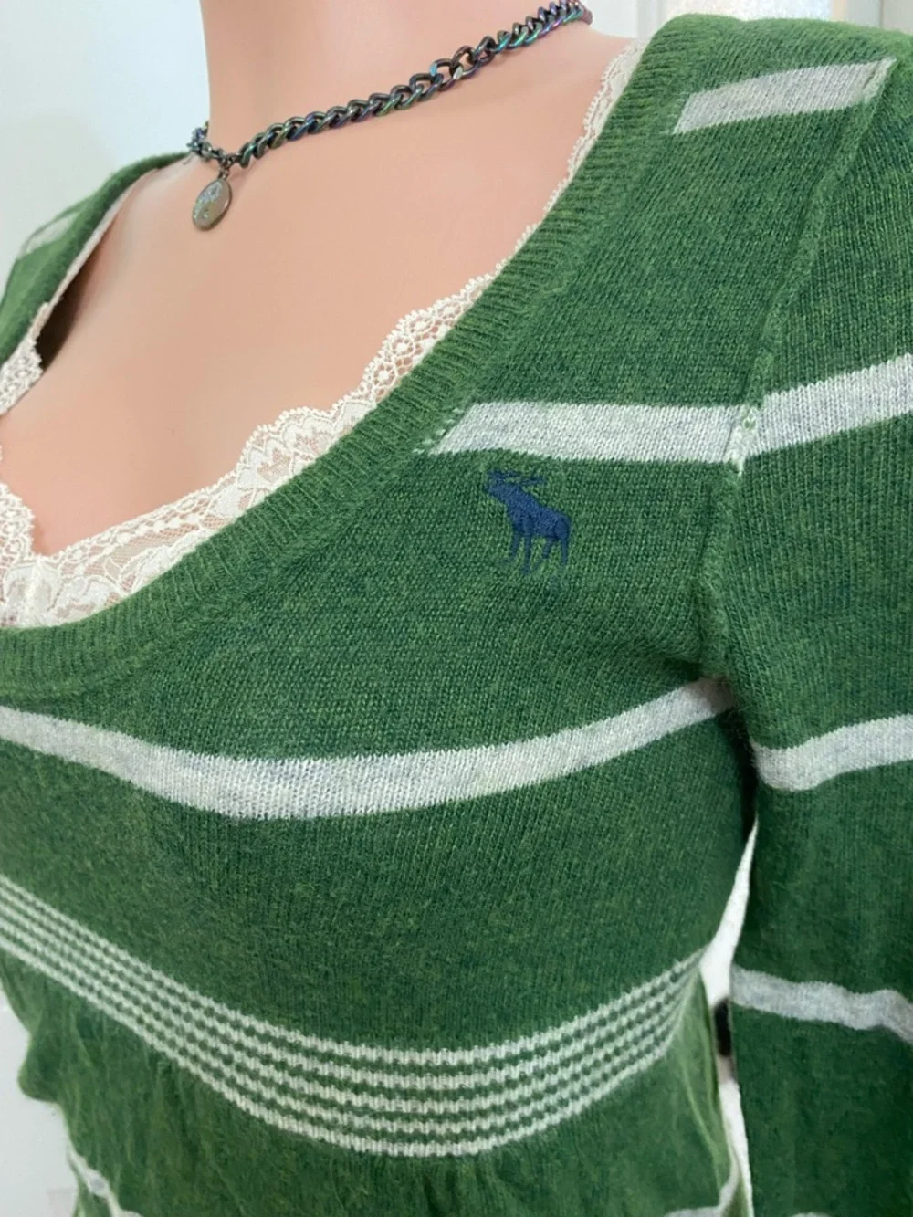 Y2k vintage Abercrombie green and white striped babydoll long sleeve sweater - Picture 7 of 15